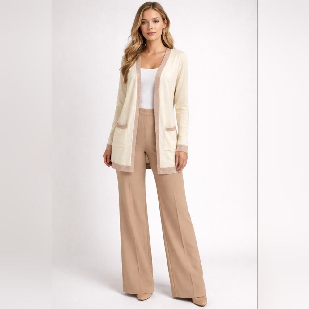 Vita Milano Cream Cardigan Sweater Rose Gold Metallic Shimmer Sz.S #1859